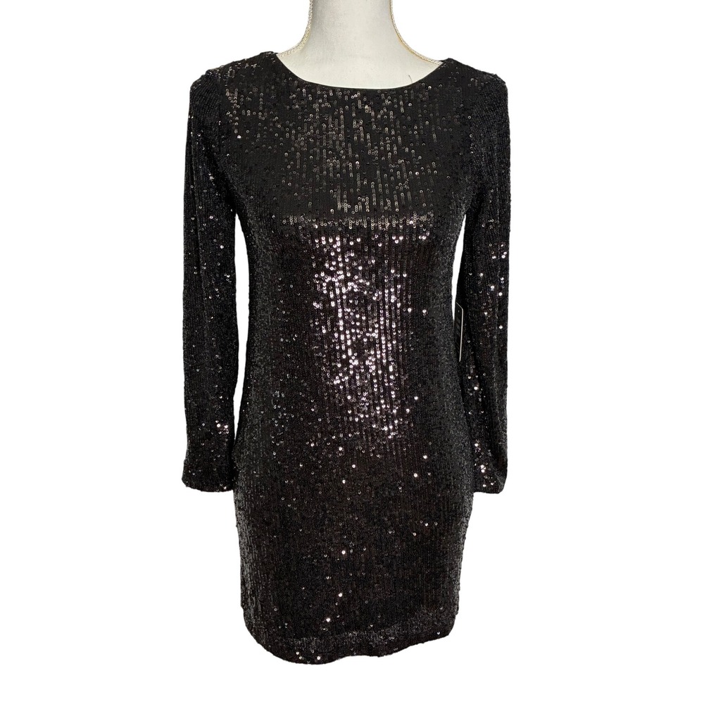 Express Sequin Mini Dress Womens XXSP Black Long Sleeve Bodycon Party NWT